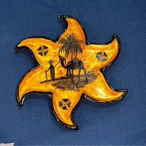 Sun Shaped African Pottery Dish Tunisia Pottery Fired Featuring Camel 12.5” x 7”